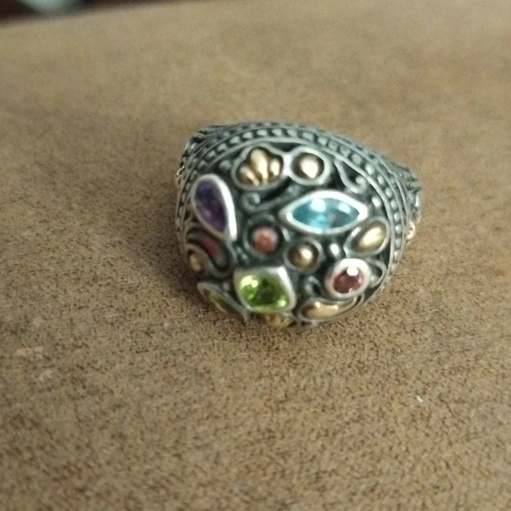 🔥Vintage Samuel Benham Sterling Silver 18 K gold W/Real Gemstones Cocktail Ring - Picture 2 of 11
